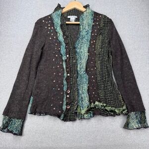 Vintage Alberto Makali Boho Artsy Embellished Mixed Media Ruffle Top Blouse L